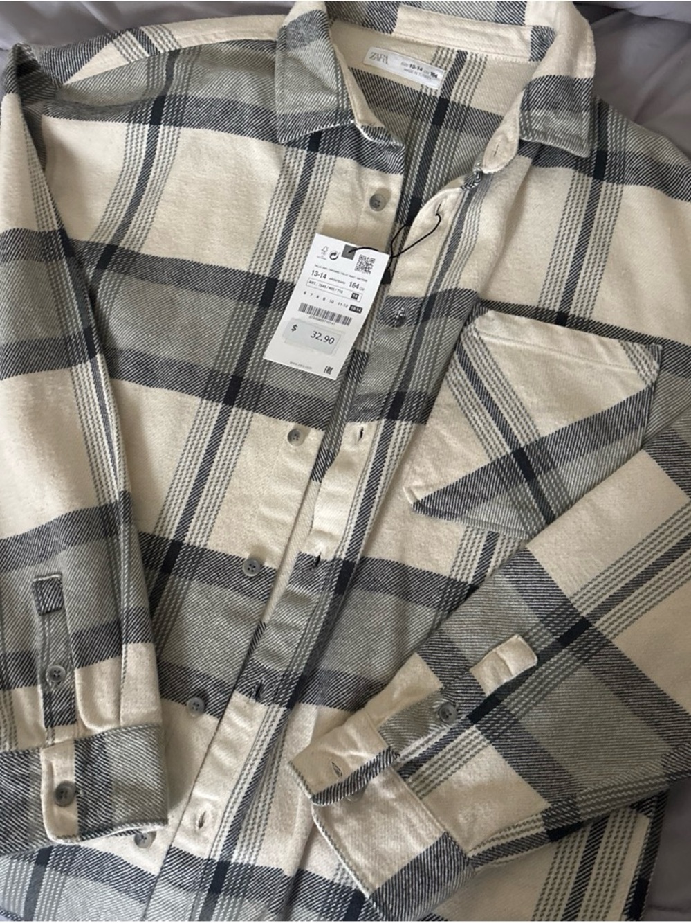 Zara Cream and Black Plaid Button-Front Shacket